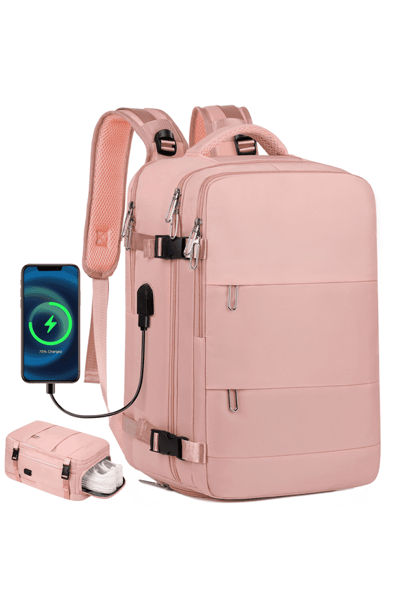 Travel Backpack with USB Port and Shoe Pouch — Pink