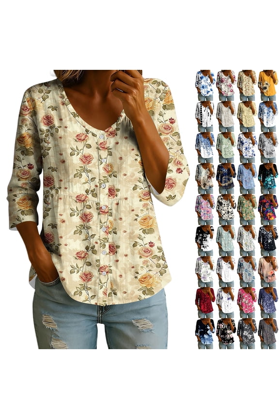 Women's Floral V-Neck Three-Quarter-Sleeve Blouse