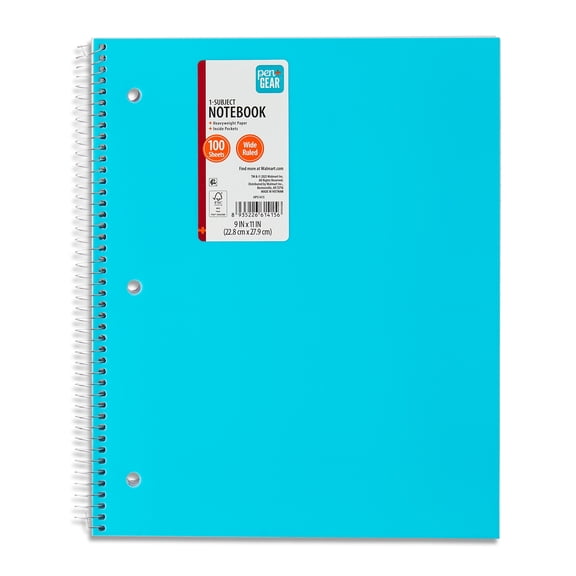 Pen+Gear Poly 1-Subject Notebook, Wide Ruled, 9 in x 11 in, 100 Sheets, Teal