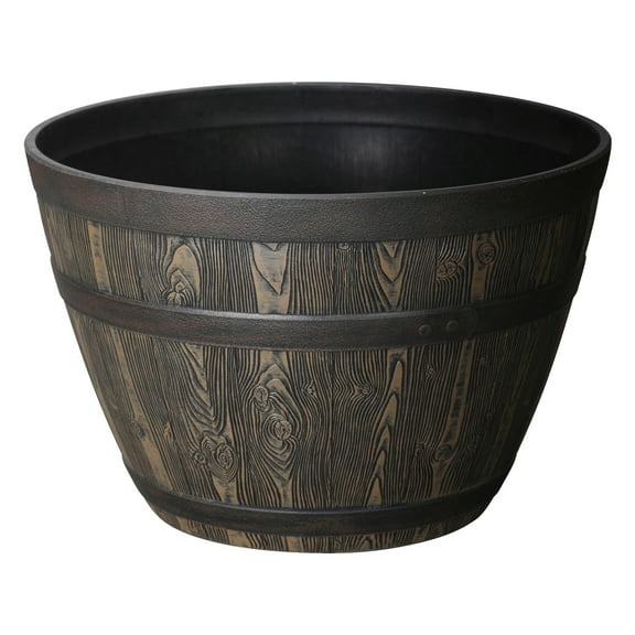 Better Homes & Gardens Whiskey Barrel Brown Recycled Resin Planter, 19.9 in x 19.9 in x 13 in