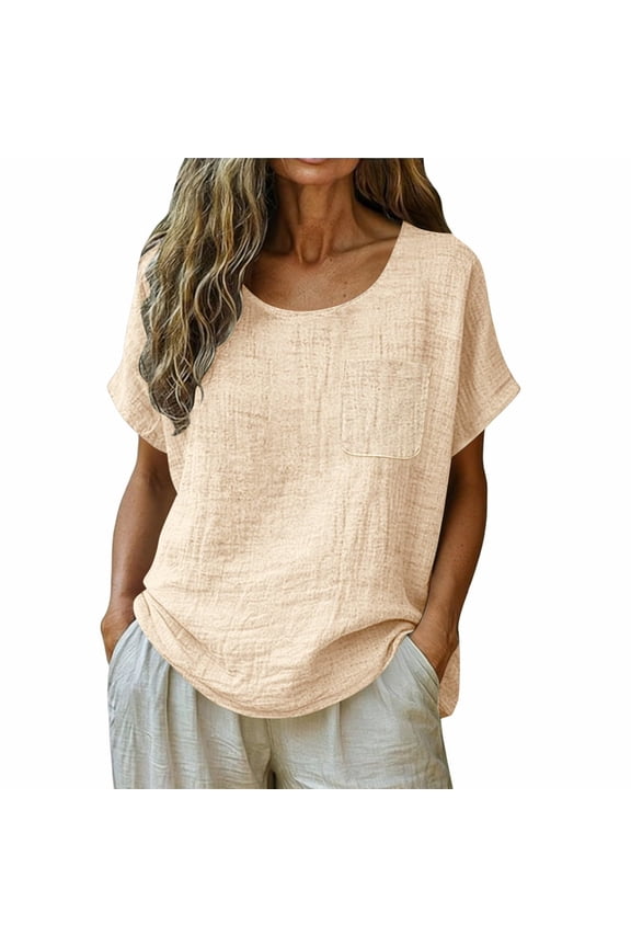 Women's Cotton-Linen Crewneck Pocket Blouse