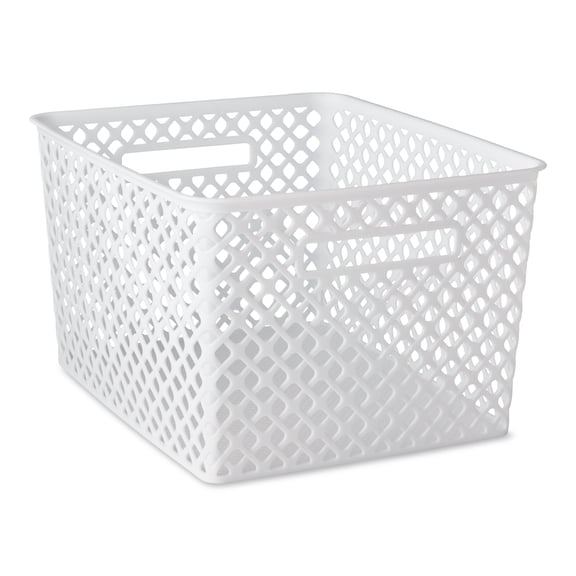 Mainstays Large White Decorative Plastic Storage Basket, 14.7 in x 12 in x 8.5 in