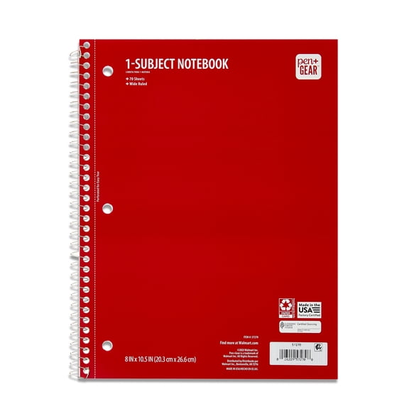 Pen+Gear Wide Ruled 1-Subject Wirebound Notebook, 8 in x 10.5 in, Red, 70 Sheets