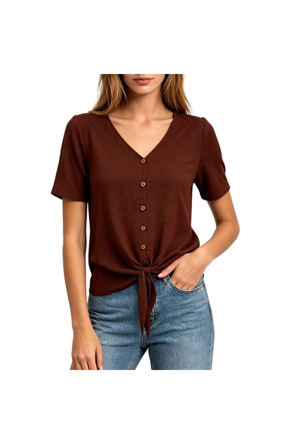 Women's V-Neck Button-Front Tie-Waist Blouse